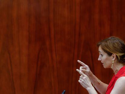 La portavoz de Más Madrid en la Asamblea de Madrid, Mónica García, durante su intervención en un pleno de la Asamblea.