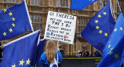 Manifestantes contrarios al Brexit protestan frente al Parlamento, este mi&eacute;rcoles en Londres.