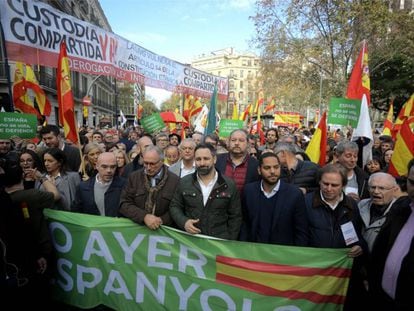 Santiago Abascal, en la manifestación por la Constitución en Barcelona. En la parte superior de la imagen, se puede ver la pancarta que reclama la derogación de la ley de violencia de género.