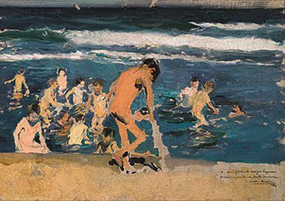 Estudio para '¡Triste herencia!' (1899), un grupo de niños enfermos del hospital San Juan de Dios (Valencia) se bañan en la playa.
