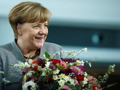 Merkel, en un acto este viernes en Berl&iacute;n. 