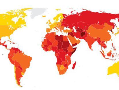 Mapa de la percepción de la corrupción por países.