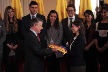 Juan Manuel Santos, este martes en un acto con j&oacute;venes colombianos. 