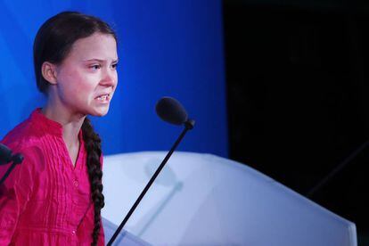 Greta Thunberg conteniendo las lágrimas al hablar en la Cumbre de Acción Climática 2019 que se celebró antes del debate general en la Asamblea General de las Naciones Unidas. Fue el 23 de septiembre de 2019 en Nueva York.