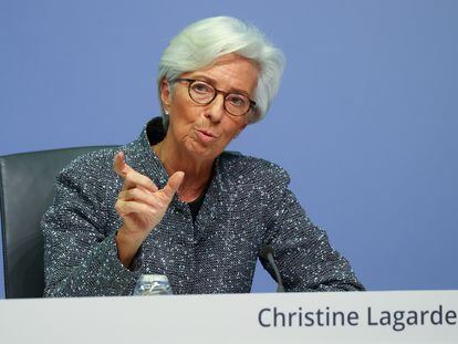 La presidenta del BCE, Christine Lagarde, durante una rueda de prensa celebrada el año pasado en Fráncfort.