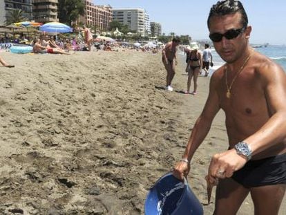 Un ba&ntilde;ista muestra una medusa capturada en la playa de La Venus, en Marbella.