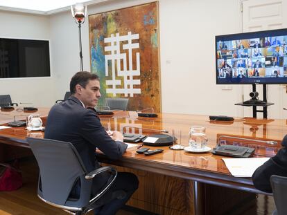 El presidente del Gobierno, Pedro Sánchez, durante la última conferencia telemática celebrada con los presidentes de las comunidades autónomas.