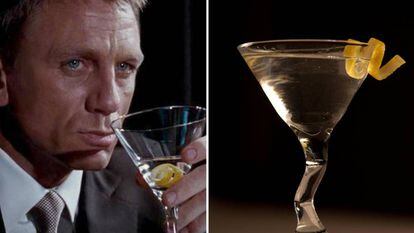 A la izquierda, una escena de una de las películas de James Bond y, a la derecha, un vaso de Vesper.