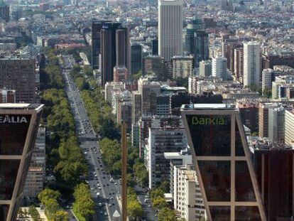 El eje financiero de la Castellana en Madrid, donde est&aacute;n ubicadas las sedes de numerosas grandes empresas.