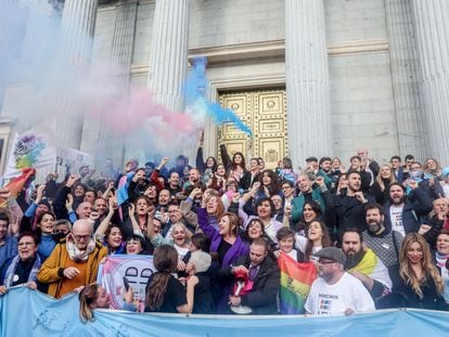 Colectivos trans celebran la aprobación de su ley, junto a los responsables del Ministerio de Igualdad, este jueves a la puerta del Congreso.