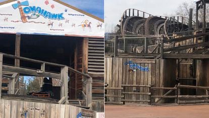 La atracción 'Tomahawk' de Port Aventura, este domingo, cerrada tras el accidente.