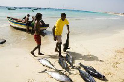 Pescadores en la playa de Santa Maria, en la isla de Sal (Cabo Verde).
