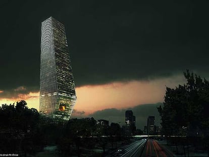 Imagen virtual del <i>skyline</i> de México DF con la Torre Bicentenario proyectada por Rem Koolhaas.