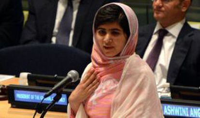 Un momento del discurso de la estudiante paquistaní Malala Yousafzai en la ONU
