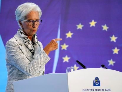 La presidenta del BCE, Christine Lagarde, después de la reunión del Consejo de Gobierno, en Fráncfort, este jueves.