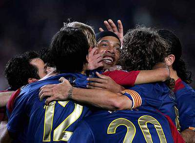 Jugadores del FC Barcelona celebran una victoria frente al Bremen.