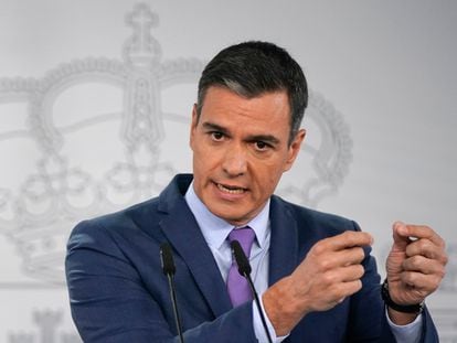 Pedro Sánchez, durante la rueda de prensa posterior al Consejo de Ministros extraordinario en La Moncloa, el sábado pasado.