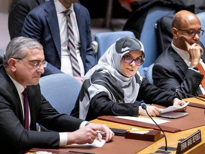 La embajadora de Irán en la ONU, Zahra Ershadi, interviene este martes en la reunión del Consejo de Seguridad.