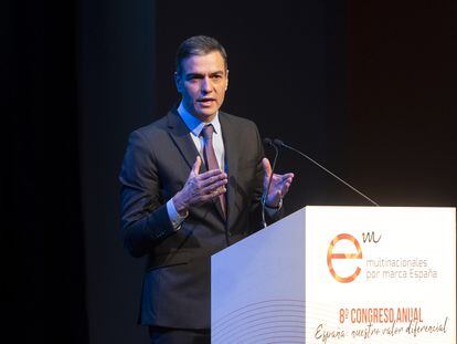 El presidente del Gobierno, Pedro Sánchez, durante su intervención en el Congreso Anual de Multinacionales por marca España.