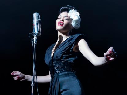 This image released by Paramount Pictures shows Andra Day in "The United States vs Billie Holiday." Day was nominated for a Golden Globe for best actress in a motion picture drama on Wednesday, Feb. 3, 2021 for her role in the film. (Takashi Seida/Paramount Pictures via