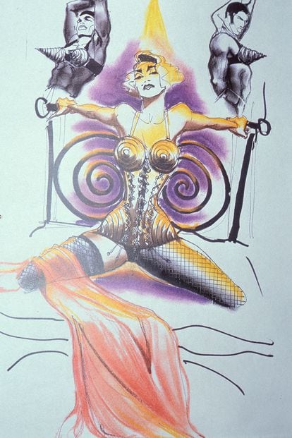Boceto de uno de los diseños de Jean Paul Gaultier para la gira Blond Ambition de Madonna, de 1990.