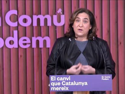 La alcaldesa de Barcelona, Ada Colau, este domingo en el acto electoral de En Comú Podem.