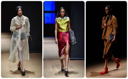 Tres de las propuestas de Prada de su colección para la primavera de 2023, presentadas el 22 de septiembre en la semana de la moda de Milán.