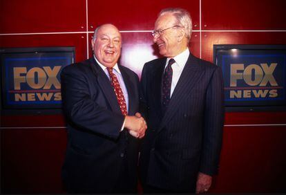 Rupert Murdoch greets Roger Alies, one of the architects of media Trumpism and head of Fox News (owned by Murdoch).  