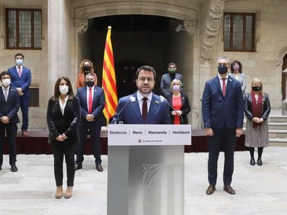 Comparecencia del vicepresidente de la Generalitat, Pere Aragonès, este jueves en Barcelona.
