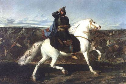 <i>Don Rodrigo cabalgando a lomos de un caballo blanco en la batalla del Guadalete</i> (1858), óleo de Marcelino de Unceta y López.