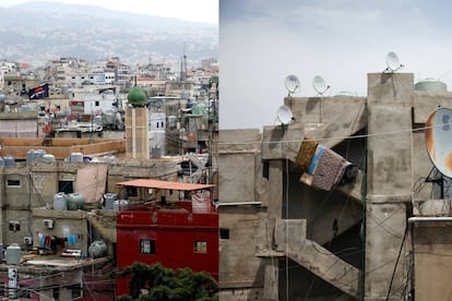 Vista general y detalle del barrio de Shatila, uno de los campos de refugiados palestinos más antiguos fuera de Palestina, carcaterizado por una arquitectira de hormigón de estilo brutalista árabe. |