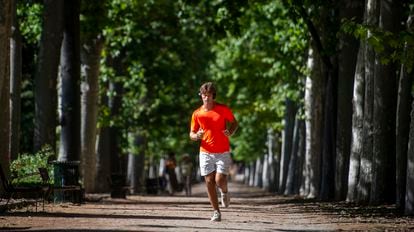 Un hombre corre en el parque del Retiro de Madrid.