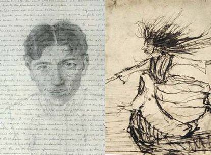 Carta manuscrita de André Breton a Théodore Fraenkel con autorretrato del autor. A la derecha, <i>La bruja,</i> dibujo a tinta china de Alfred de Musset.