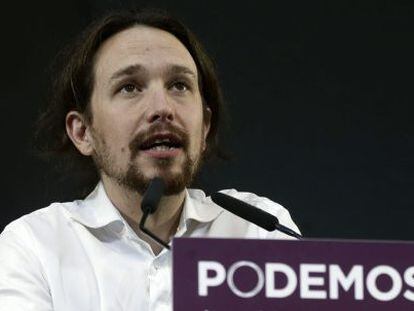 El l&iacute;der de Podemos, Pablo Iglesias, interviene durante el acto de clausura de la Asamblea Ciudadana ayer.