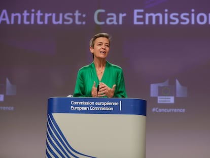 La vicepresidenta de la Comisión Europea, Margrethe Vestager, este jueves en una rueda de prensa en Bruselas.