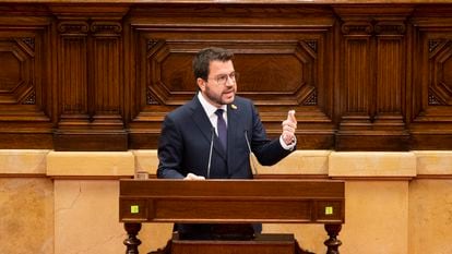 El presidente de la Generalitat, Pere Aragonès, durante su intervención este martes.