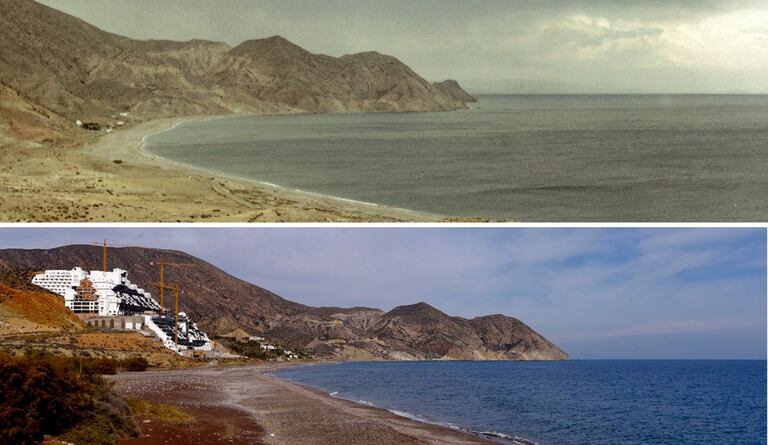 Arriba, el paraje de El Algarrobico de Carboneras (Almería) antes de que empezara a construirse el hotel en 2003. Abajo, esa misma playa, en 2015.