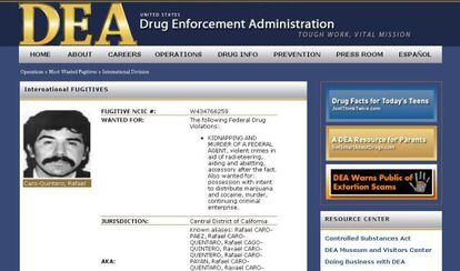Imagem cedida pela Ag&ecirc;ncia Antidrogas dos Estados Unidos com a ficha de Caro Quintero em uma lista de fugitivos internacionais. / EFE