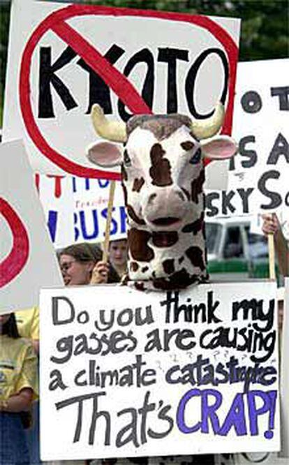 Estudiantes estadounidenses se manifiestan contra Kioto en Bonn con frases como la de la pancarta que dice: "¿DE verdad crees que mis gases están causando una catástrofe climatológica? ¡Eso es pura mentira!
