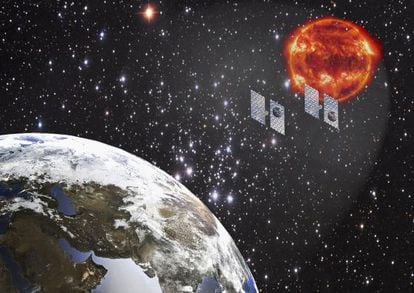La ilustración muestra como dos sombrillas podrían reducir la radiación solar sobre la Tierra (la imagen no está a escala).