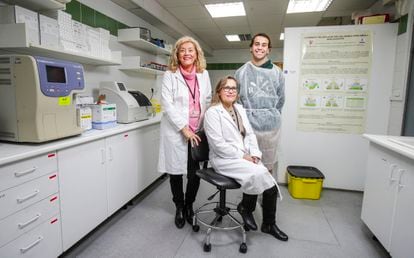 Standing, Marcela González Gross, director of the clinical trial, and Jaime López-Seoane Puente, responsible for contact with the volunteers participating in the trial.  Seated, Margarita Pérez Ruiz, director of the Biochemistry laboratory of the Faculty of Physical Activity and Sports Sciences of the Polytechnic University of Madrid.