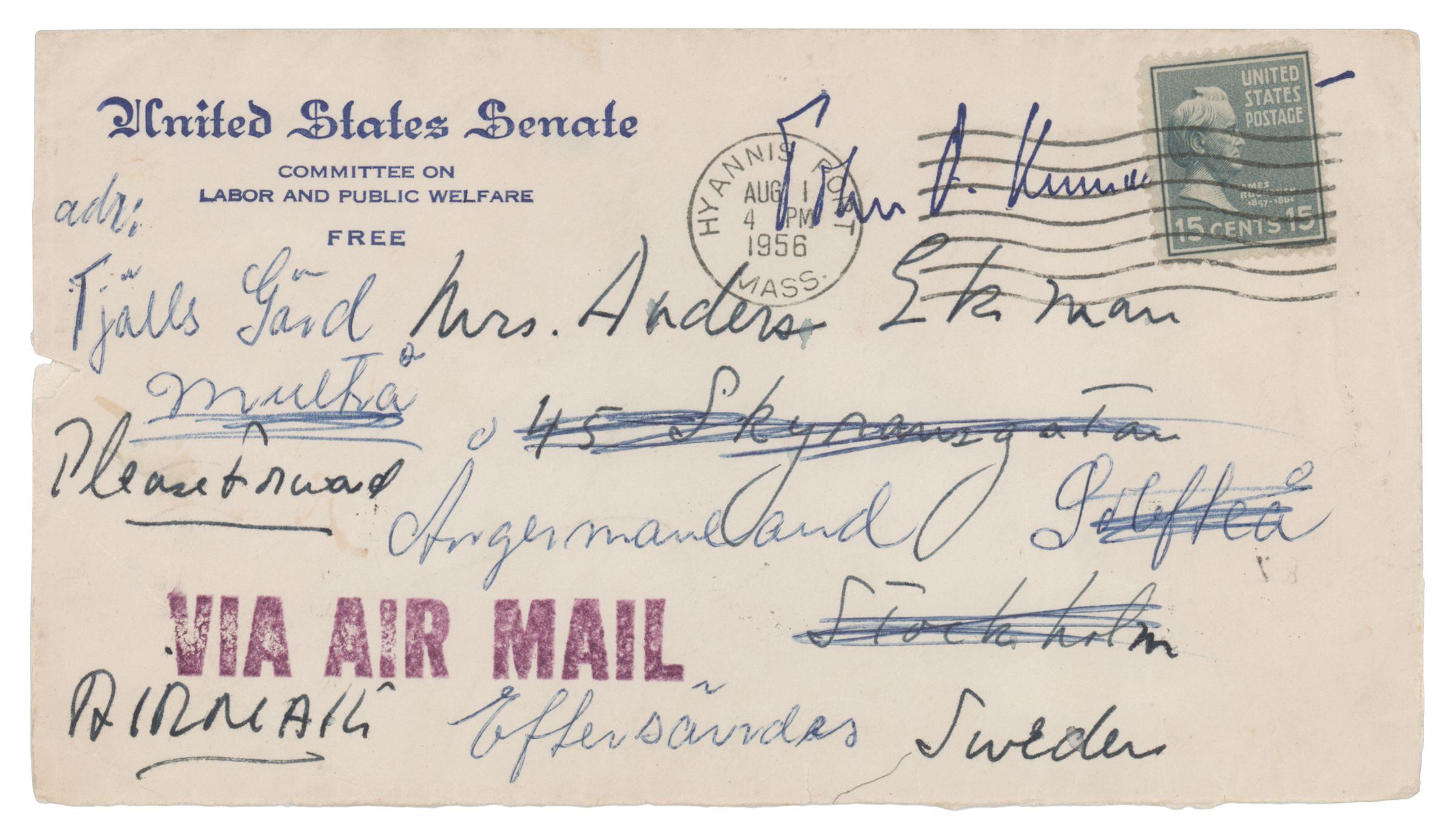 El sobre de una de las cartas escritas por John F. Kennedy durante su tiempo como senador de Massachusetts a Gunilla von Post.