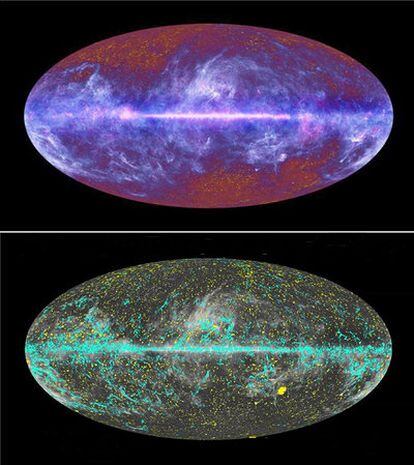 El cielo visto por <i>Planck</i> en el rango de las microondas y, abajo, nuevo mapa de fuentes frías de radiación (fuentes galácticas en azul y extragalácticas, entre ellas las galaxias hasta ahora invisibles, en amarillo).