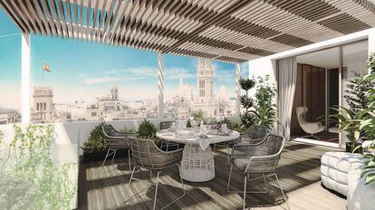 Recreación de la terraza del ático de tres plantas que se vende en la calle Montalbán por casi 14 millones de euros.