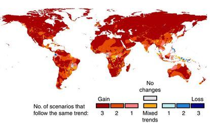Extensión de patógenos que genera el calentamiento global. En colores rojizos, las zonas que registrarán un mayor incremento.