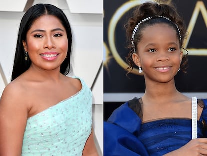 Las actrices Keisha Castle-Hughes, Yalitza Aparicio y Quvenzhané Wallis en la alfombra roja de los Oscar.