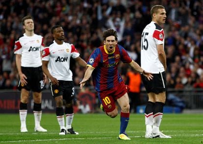 Messi celebra su gol en la final de Champions entre el Barcelona y el United en 2011.
