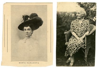 A la izquierda, Sofía Casanova en un retrato en torno a 1913. A la derecha, la autora fotografiada en 1946 en la casa de campo de su hija Halita, en Polonia.
