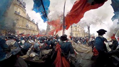 Imagen generada por MidJourney de la Revolución Francesa vista a través de una cámara GoPro.
