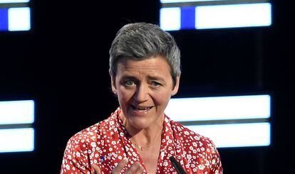 La comisaria Margrethe Vestager, en un debate de las elecciones al Parlamento Europeo.